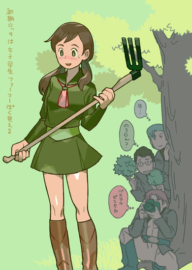 1girl, 3boys, alternate_costume, bento_malus, blush, brown_hair, camera, densetsu_kyojin_ideon