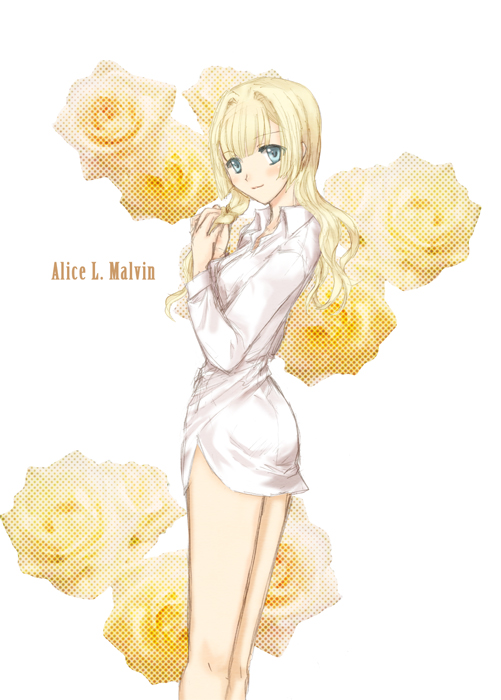alternate_hairstyle, blonde_hair, blue_eyes, blush, bob_cut, bottomless, dress_shirt, flower
