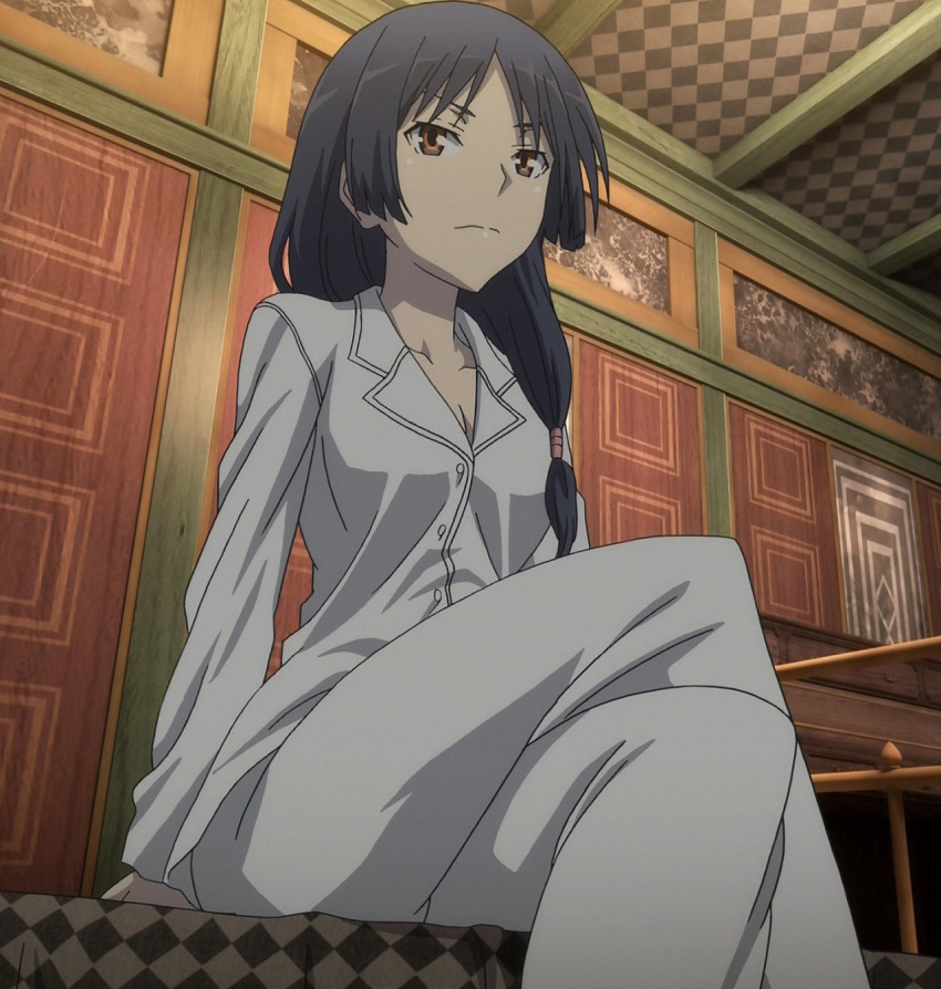 1girl, black_hair, fudou_akio_(trinity_seven), pajamas, screencap, stitched, tagme, trinity_seven