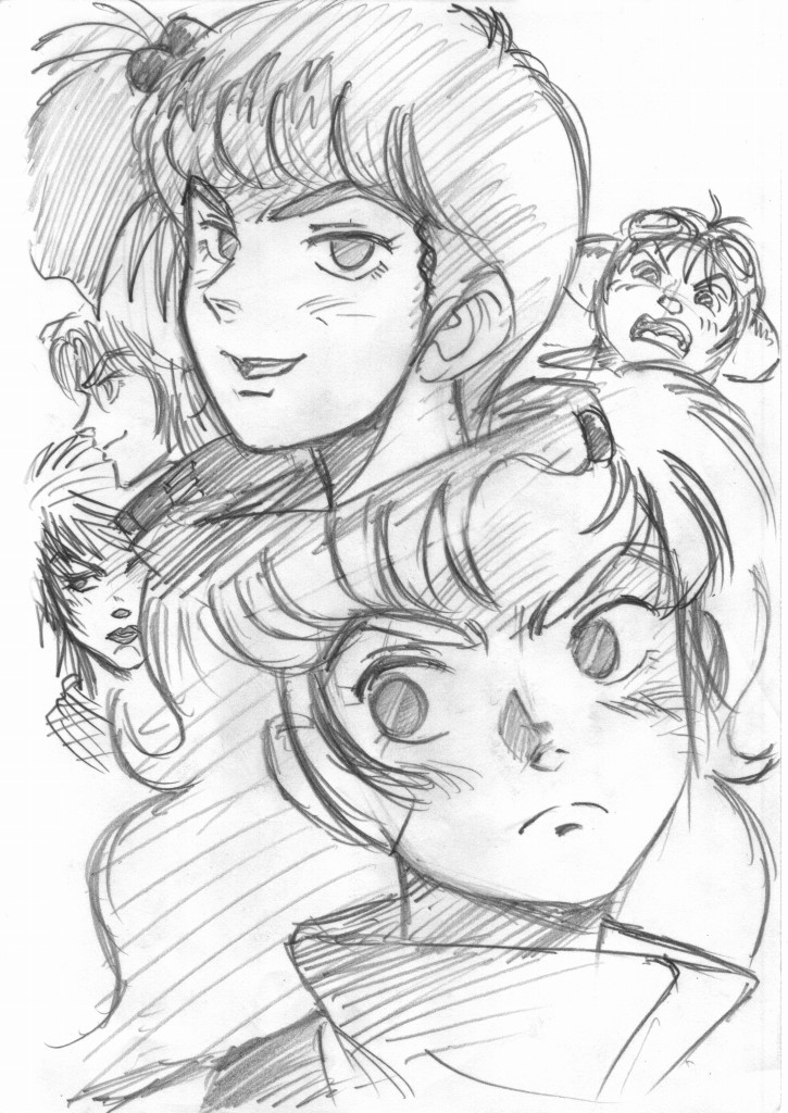 2boys, 3girls, arthur_rank, elchi_cargo, goggles, jiron_amos, long_hair, multiple_boys, multiple_girls, rag_uralo, sakaki_youma, sentou_mecha_xabungle, short_hair, sketch, tron_milan