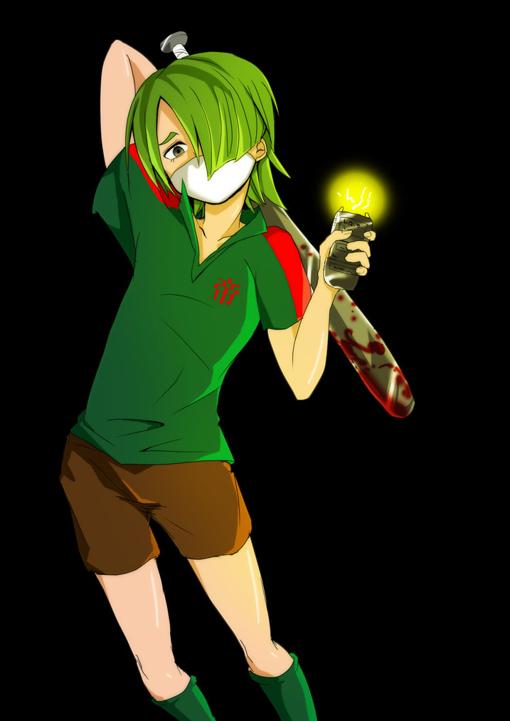 1boy, black_background, blood, bulge, child, green_hair, inazuma_eleven, inazuma_eleven_(series), male_focus, sakiyama_syuji, shimaren, simple_background, soccer_uniform, solo, sportswear, standing, sword, tagme, weapon