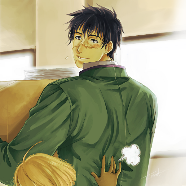 blonde_hair, gloves, looking_back, military, military_uniform, pumpkin_scissors, randal_orlando, scar