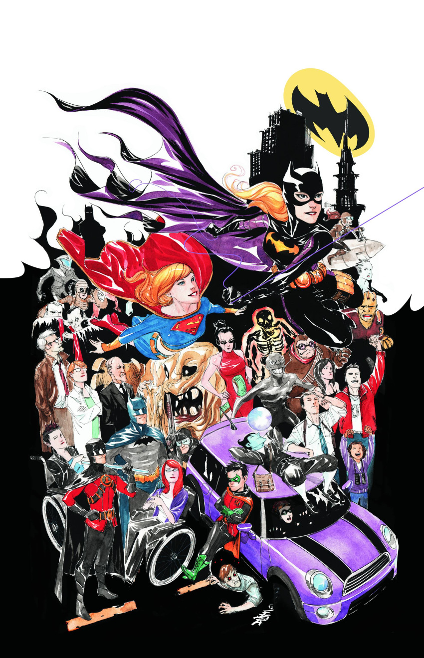 6+boys, 6+girls, alfred_pennyworth, armor, armpit_holster, barbara_gordon, batgirl, batman, batman_(series), binoculars, black_hair, blonde_hair, boots, brothers, bruce_wayne, cape, car, clayface, crossed_arms, crystal_brown, damian_wayne, dark_skin, dc_comics, dick_grayson, diesel_(dc), doctor_phosphorus, domino_mask, dracula, dustin_nguyen, family, father_and_son, francisco_gracia, gauntlets, gray_ghost, ground_vehicle, harmony, highres, holster, jacket, james_gordon, jordanna_spence, klarion, kryptonian, livewire, mask, mini_cooper, mother_and_daughter, motor_vehicle, multiple_boys, multiple_girls, necktie, nell_little, nick_gage, oracle, orange_hair, police, power_armor, proxy, red_robin, robin_(dc), roulette, roxy_rocket, shoulder_holster, siblings, sitting, slipstream_(dc), smile, squire, staff, stephanie_brown, supergirl, tim_drake, traditional_media, vampire, vehicle, wendy_white, wheelchair