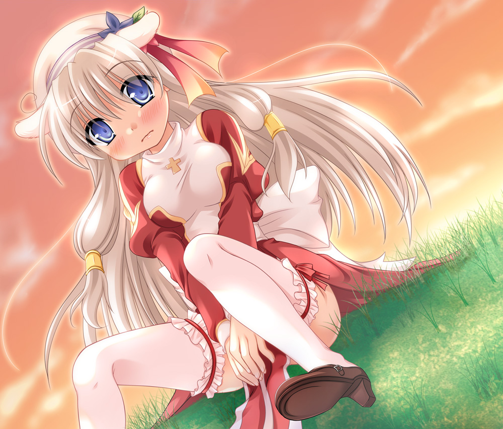 blue_eyes, blush, cross, dog_ears, dress, furukawa_lemon, garters, high_priest