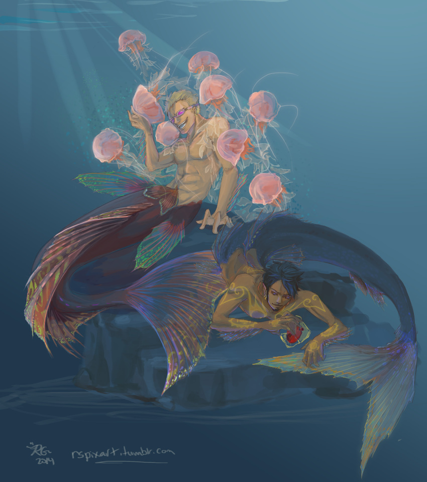 2boys, donquixote_doflamingo, heart_(organ), highres, jellyfish, merman, monster_boy, multiple_boys, one_piece, rachel_(vitruvius), sunglasses, tattoo, topless, trafalgar_law