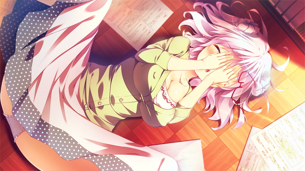 1girl, closed_eyes, game_cg, glasses, kanojo_ga_ore_ni_kureta_mono._ore_ga_kanojo_ni_ageru_mono., onomatope, panties, purple_hair, shida_merii, shiratama, short_hair, solo, underwear