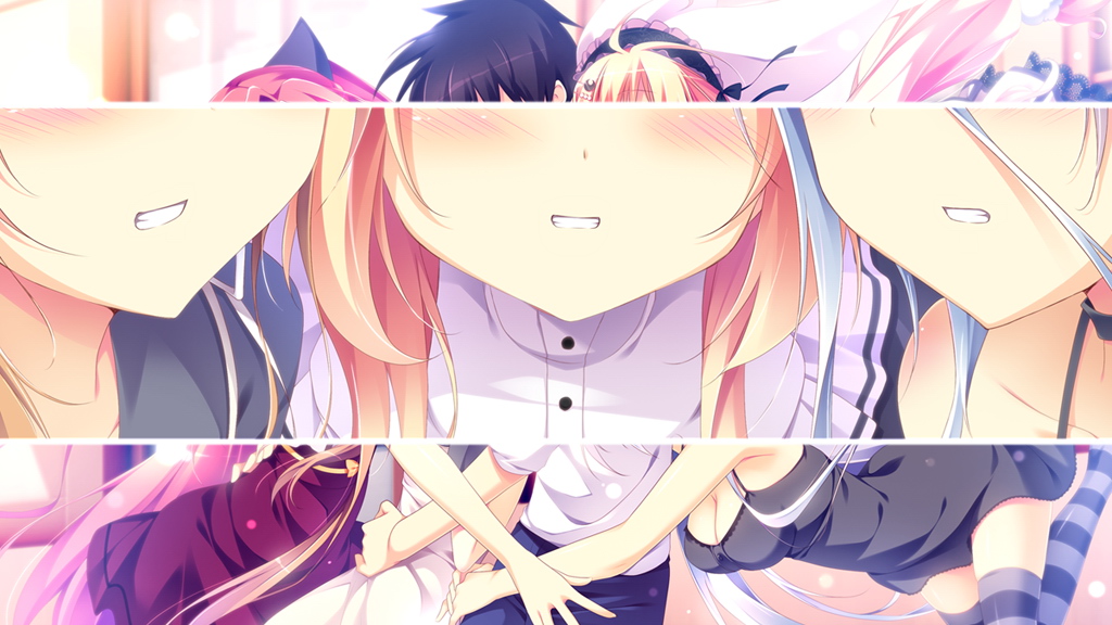 4girls, blonde_hair, blue_hair, blush, brown_hair, carrot_lu_angora, game_cg, hair_ornament