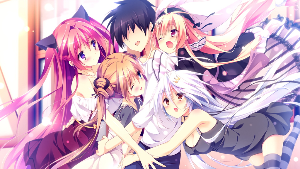 1boy, 4girls, blonde_hair, blue_eyes, blue_hair, blush, brown_hair, carrot_lu_angora