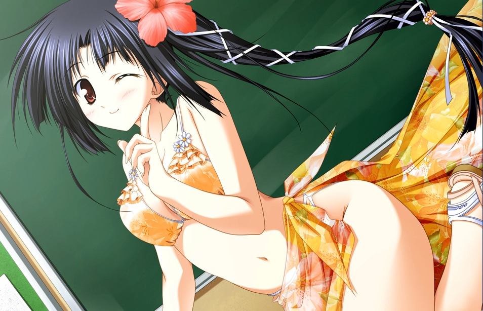 bikini, black_hair, brown_eyes, classroom, dutch_angle, flower, game_cg, hair_flower