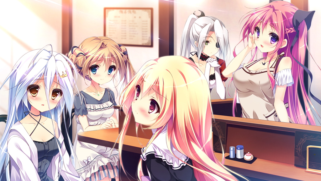 5girls, blonde_hair, blue_eyes, blue_hair, blush, brown_hair, carrot_lu_angora, collarbone