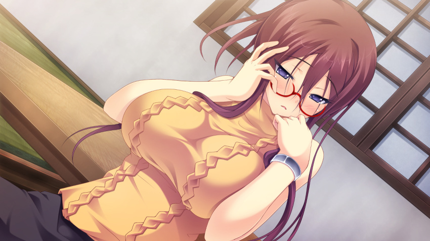 1girl, akikawa_kiyoka, anata_no_koto_wo_suki_to_iwasete, bare_shoulders, blue_eyes, blush, breasts, brown_hair, cygnus_(artist), embarrassed, game_cg, glasses, huge_breasts, long_hair, looking_away, satofuji_masato, sitting, sleeveless, solo, table