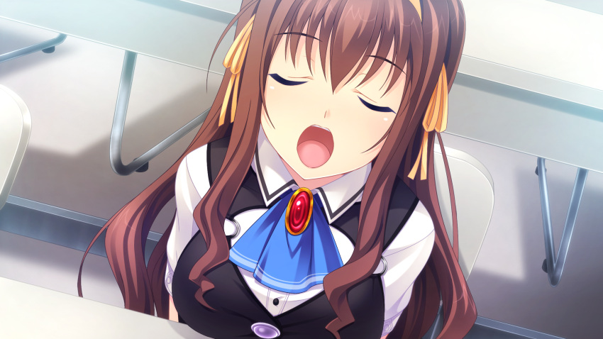 1girl, anata_no_koto_wo_suki_to_iwasete, breasts, brown_hair, chair, closed_eyes, cygnus_(artist), from_above