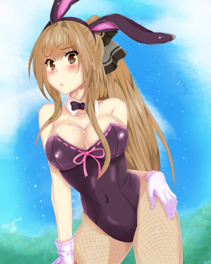 1girl, amagi_brilliant_park, animal_ears, bare_shoulders, blush, bow, bowtie, breasts