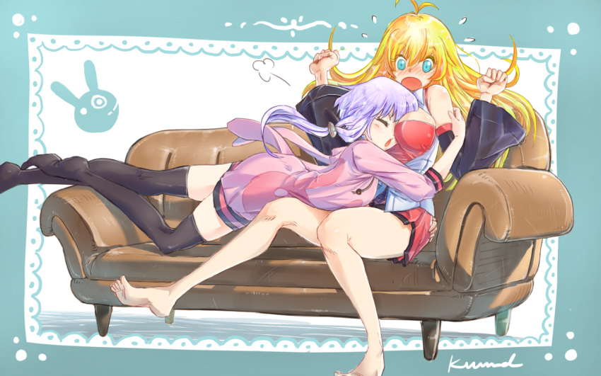 2girls, aqua_eyes, barefoot, bear_(qma), blonde_hair, blush, breasts, long_hair