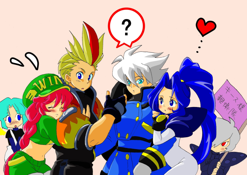 2girls, 4boys, 90s, ?, aqua_eyes, aqua_hair, arm_hug, artist_request