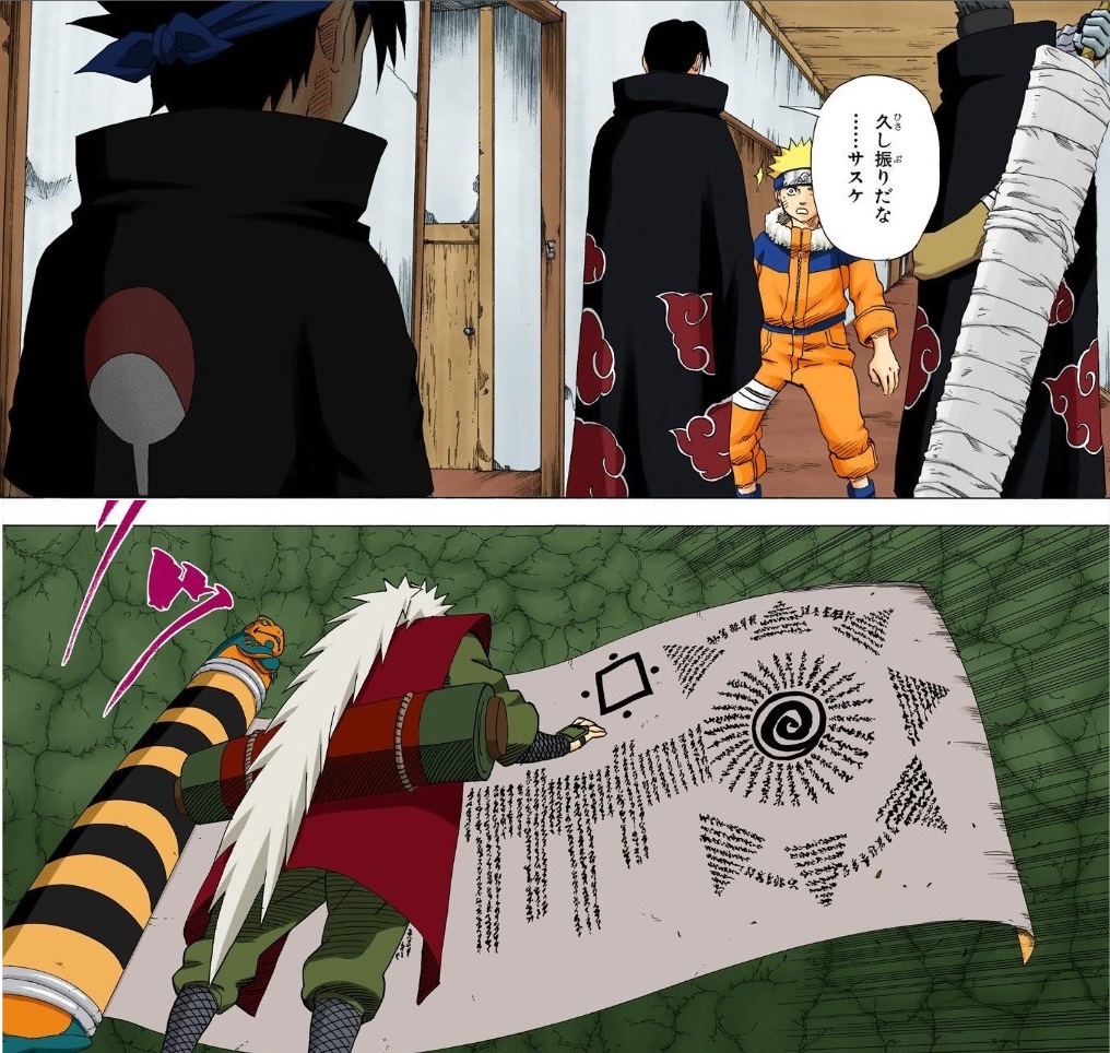 5boys, akatsuki_(naruto), bandage, black_hair, blonde_hair, blue_eyes, blue_hair, crest, door, facial_mark, family_crest, fishnets, forehead_protector, from_behind, from_below, gerotora, headband, hoshigaki_kisame, jiraiya, kishimoto_masashi, konohagakure_symbol, long_hair, male_focus, multiple_boys, naruto, ninja, official_art, samehada_(sword), scroll, spiky_hair, sword, toad_(animal), translated, uchiha_itachi, uchiha_sasuke, uzumaki_naruto, weapon, whiskers, white_hair