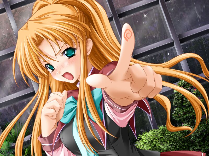 fingerprint, floralia, game_cg, green_eyes, long_hair, masaharu, orange_hair, pointing