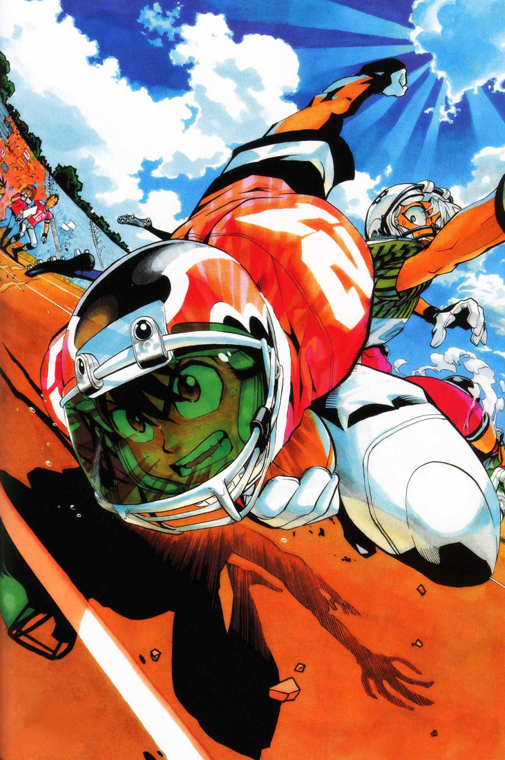 1girl, 4boys, anezaki_mamori, bench, bleachers, blue_sky, clouds, eyeshield_21