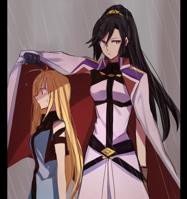 2girls, angelise_ikaruga_misurugi, aoki_shizumi, black_hair, blonde_hair, cape, cross_ange, gloves