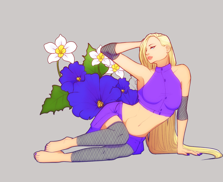 1girl, arm_up, armpits, bare_shoulders, barefoot, blonde_hair, fishnets, flower
