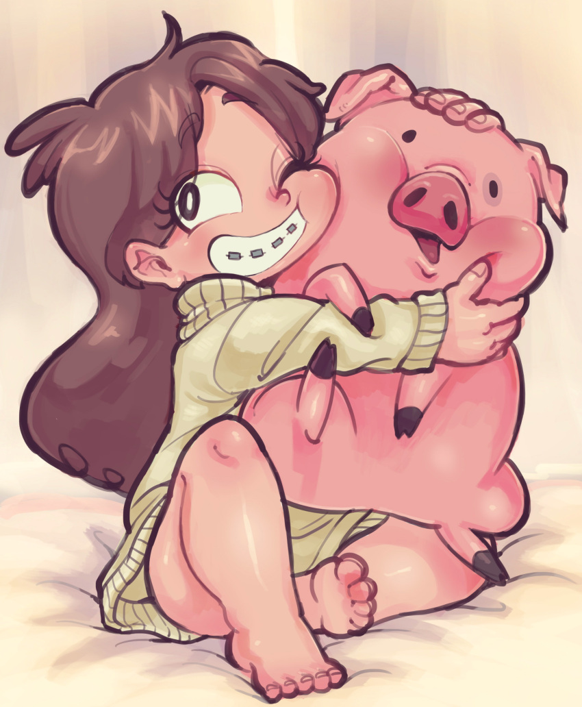 1girl, barefoot, bottomless, braces, brown_hair, disney, feet, gravity_falls