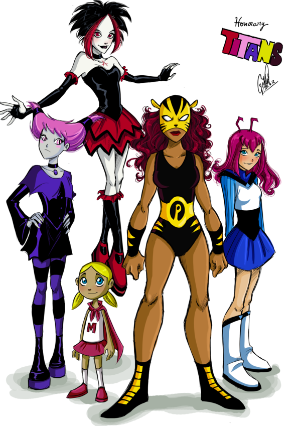 5girls, antenna_hair, argent, bangs, belt, black_hair, black_legwear, black_shoes, blonde_hair, blue_eyes, blue_skirt, blush, boots, brown_hair, cape, capelet, cartoon_network, child, choker, copyright_name, curly_hair, dark_skin, dc_comics, detached_sleeves, fingerless_gloves, flying, gloves, grey_skin, hands_on_hips, jinx, kole, leotard, lipstick, long_hair, long_sleeves, makeup, mask, melvin, multicolored_hair, multiple_girls, pantha, patterned_legwear, pink_eyes, pink_hair, pink_skirt, purple_shoes, red_eyes, red_shoes, redhead, shoes, short_hair, skirt, sleeveless, smile, standing, strapless, striped, striped_legwear, teen_titans, transparent_background, twintails, two-tone_hair, two-tone_stripes, white_legwear, white_shoes