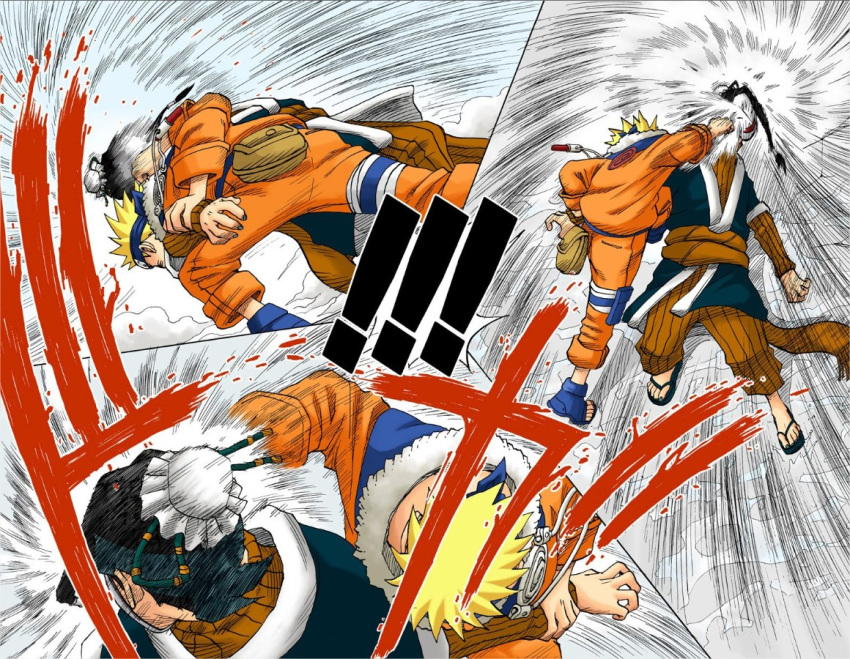 arm_grab, attack, bandage, black_hair, blonde_hair, forehead_protector, from_above, from_behind, from_below, haku_(naruto), headband, kirigakure_symbol, kishimoto_masashi, mask, nail_polish, naruto, ninja, official_art, punching, sandals, spiky_hair, turtleneck, uzugakure_symbol, uzumaki_naruto