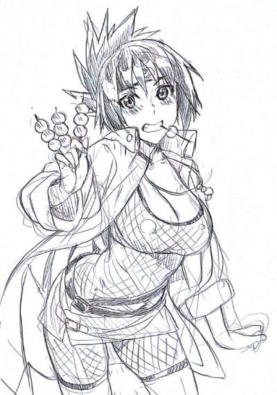 1girl, blush, breasts, cleavage, covered_navel, dango, fishnets, forehead_protector