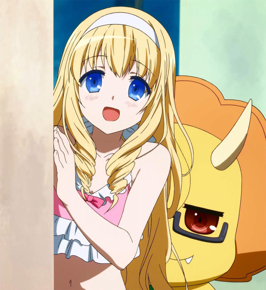 1girl, amagi_brilliant_park, bikini, blonde_hair, blue_eyes, blush, character_request, cute