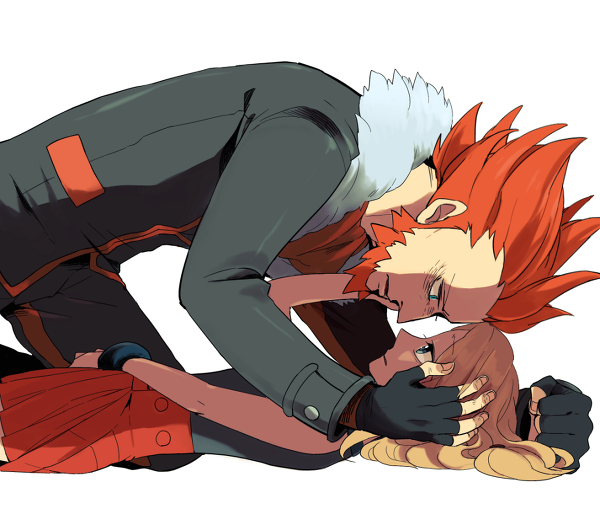 1boy, 1girl, all_fours, beard, black_gloves, blonde_hair, blue_eyes, blush