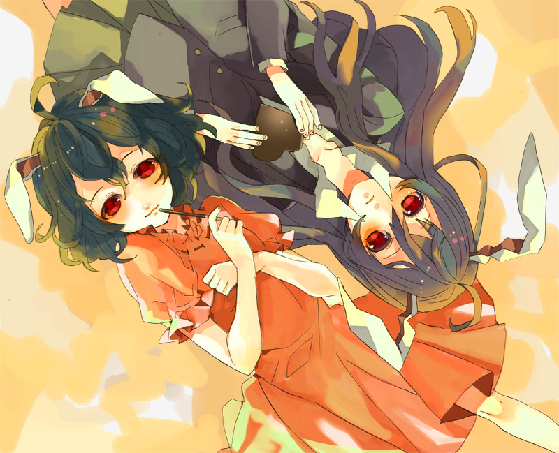 animal_ears, bad_id, bunny_ears, chocolate, inaba_tewi, multiple_girls, pocky, rabbit_ears