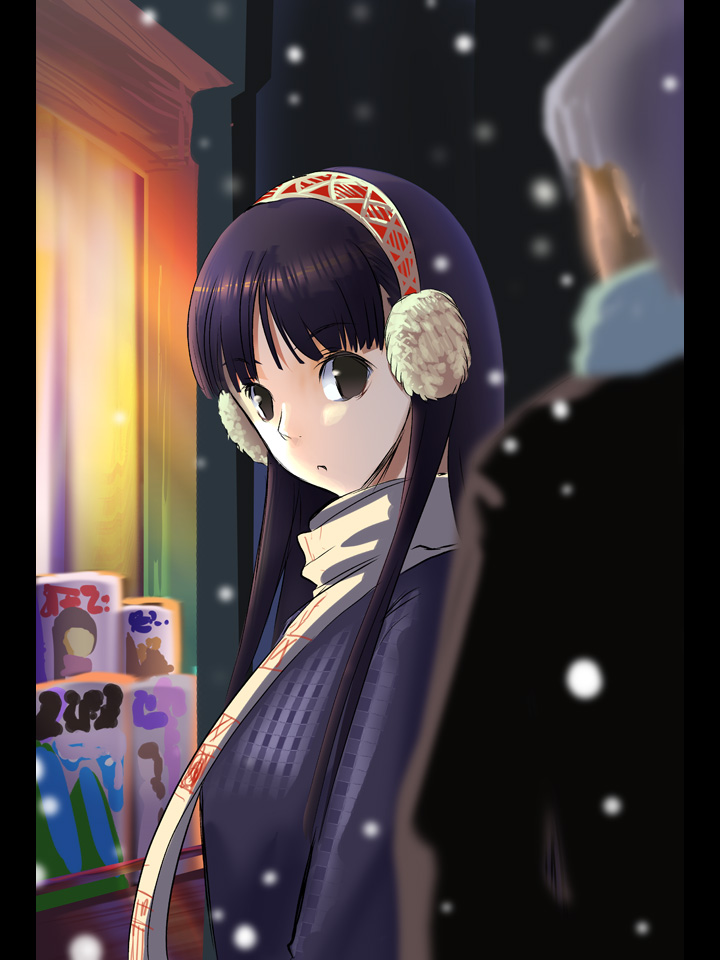 amagi_yukiko, earmuffs, hime_cut, jas_(kda10457), magazine_stand, narukami_yuu, persona, persona_4