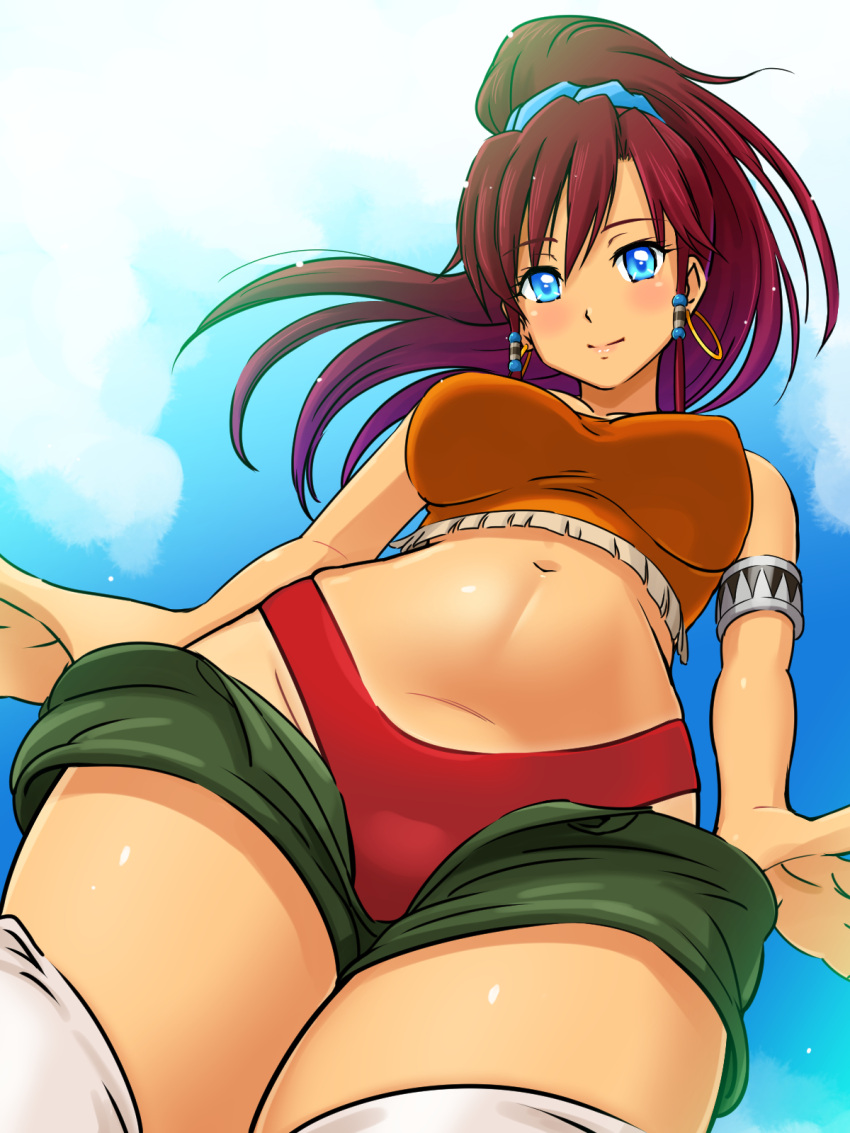 1girl, bellows_(suisei_no_gargantia), blue_eyes, blush, breasts, clouds, earrings, highres