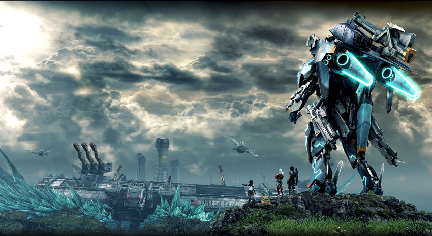 1boy, 2girls, black_hair, elma_(xenoblade_x), lynlee_kuu, mecha, multiple_girls, nintendo