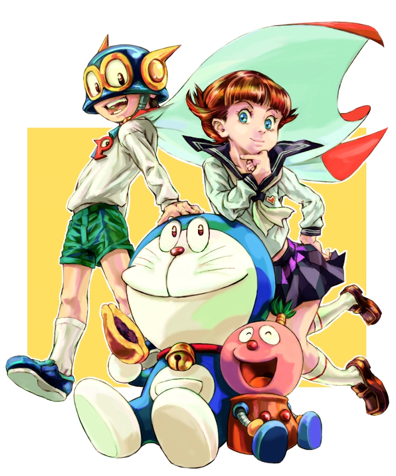 1girl, 2boys, bell, blue_eyes, brown_hair, cape, cat, child