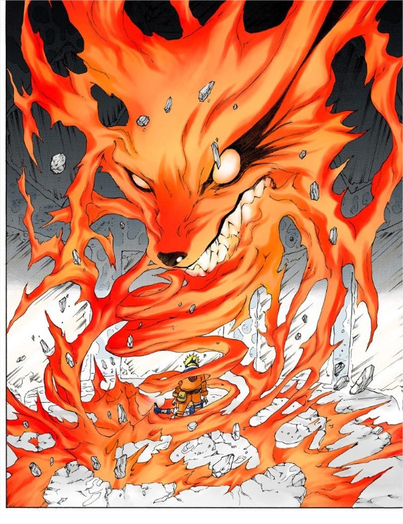 2boys, bandage, blonde_hair, chakra, demon, energy, fangs, fox, from_behind, headband, ice, kishimoto_masashi, male_focus, mirror, monster, multiple_boys, naruto, ninja, official_art, power, sandals, spiky_hair, tagme, uchiha_sasuke, uzugakure_symbol, uzumaki_naruto