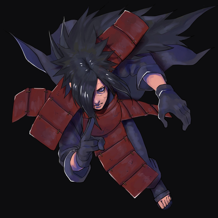 1boy, armor, black_background, black_hair, corpse, edo_tensei, from_above, gloves, hair_over_one_eye, highres, long_hair, looking_at_viewer, male_focus, naruto, naruto_shippuuden, ninja, rinnegan, sandals, satou_(yoshida6565), serious, simple_background, solo, spiky_hair, uchiha_madara, uchiha_madara_(edo_tensei), violet_eyes
