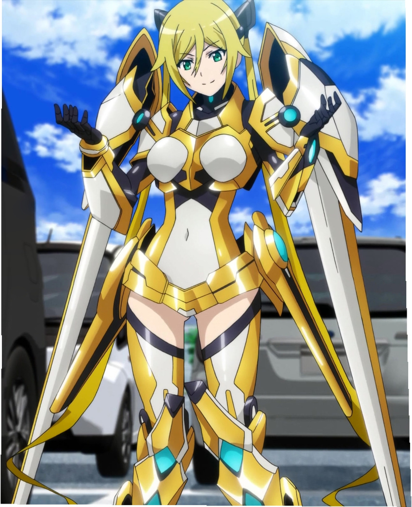 1girl, blonde_hair, boots, green_eyes, mecha_musume, ore_twintail_ni_narimasu, screencap, shindou_erina