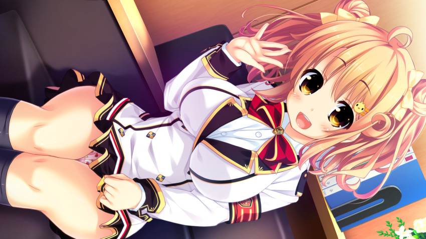 1girl, blonde_hair, blush, breasts, demon_busters, game_cg, happy, itou_life, large_breasts, legs, looking_at_viewer, nakahime_karen, open_mouth, panties, school_uniform, short_hair, sitting, skirt, smile, socks, solo, thighs, underwear, yellow_eyes