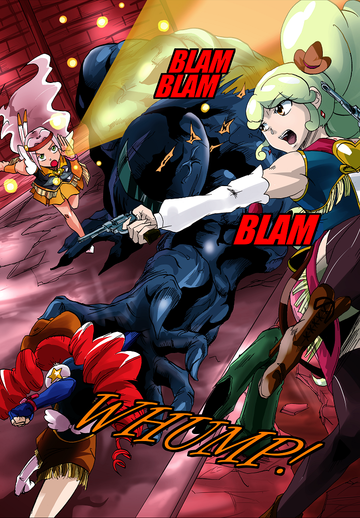 3girls, artist_request, blonde_hair, blonde_haired_cure_(bomber_girls_precure)_(happinesscharge_precure!), blue_eyes, bomber_girls_precure, cowboy_hat, feathers