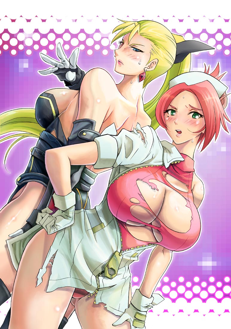 2girls, bare_shoulders, beatrice_(rumble_fish), blonde_hair, blush, breasts, cleavage, detached_sleeves