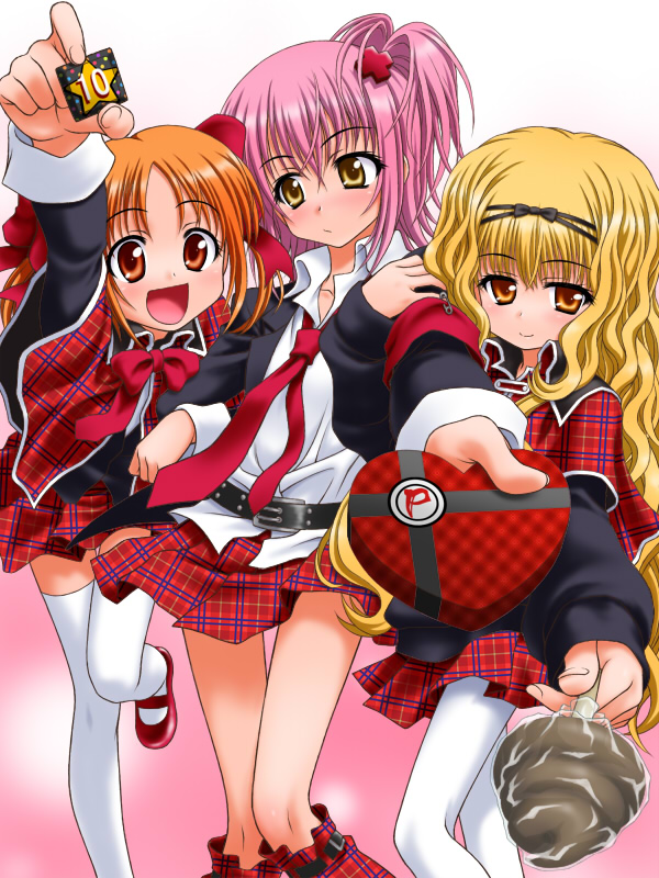 giving, hinamori_amu, mashiro_rima, outstretched_arm, pantyhose, peter_(artist), reaching, shugo_chara!, thigh-highs, thighhighs, valentine, white_legwear, white_pantyhose, white_thighhighs, yuiki_yaya