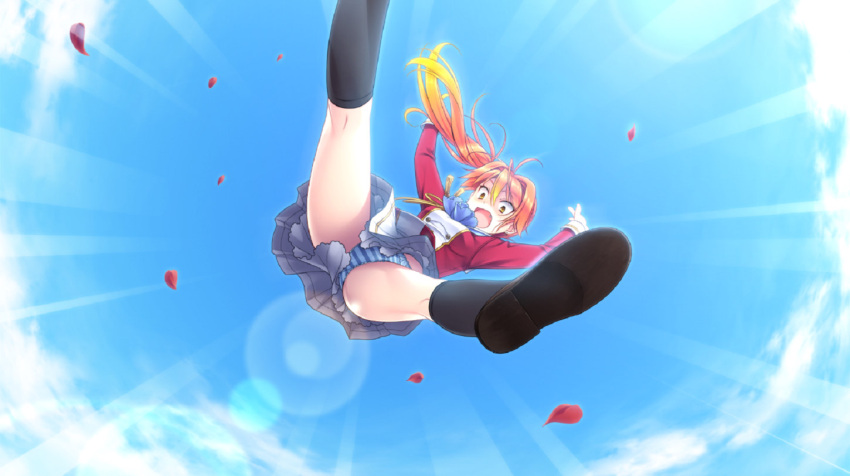 1girl, character_request, falling, from_below, hello_lady, hello_lady!, panties, pantyshot, petticoat, ponytail, school_uniform, sky, solo, striped_panties, tagme, underwear
