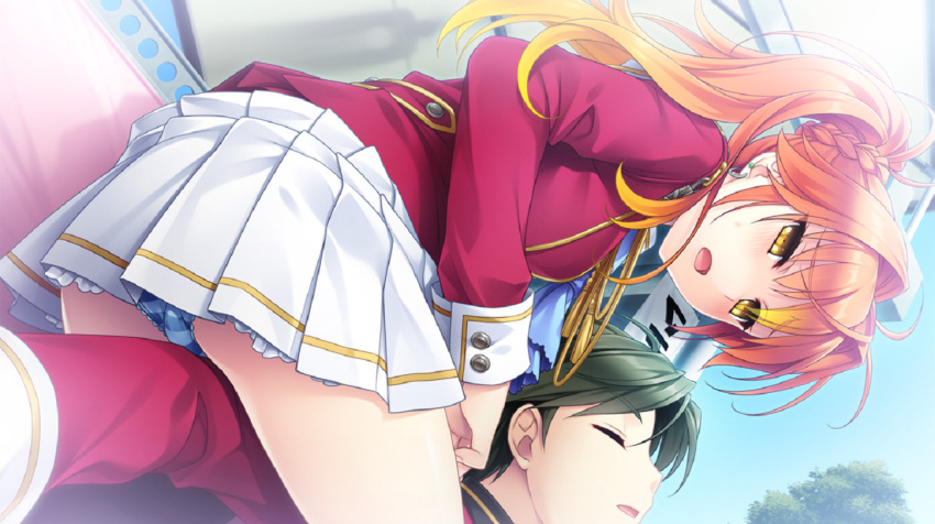 1boy, 1girl, blush, closed_eyes, earrings, game_cg, hello_lady, hello_lady!, jewelry, long_hair, open_mouth, orange_hair, panties, pantyshot, school_uniform, short_hair, skirt, sky, striped, striped_panties, thighs, tongue, tree, underwear, yellow_eyes