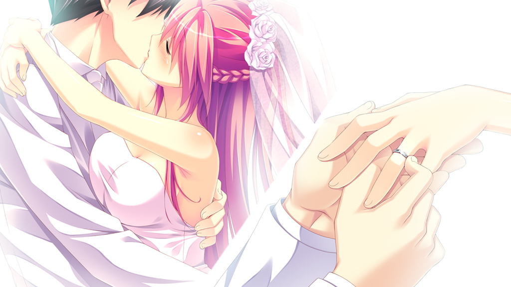 1girl, blush, closed_eyes, dress, game_cg, jewelry, kanojo_ga_ore_ni_kureta_mono._ore_ga_kanojo_ni_ageru_mono., kiss