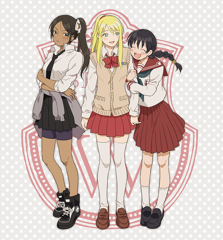 3girls, aqua_eyes, artist_request, bike_shorts, black_hair, blonde_hair, blush_stickers, break_blade