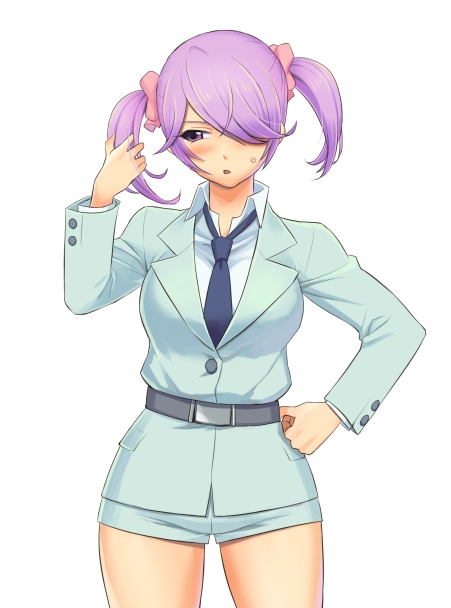 1girl, belt, blush, female, hair_over_one_eye, hand_on_hip, ootori_miou, purple_hair