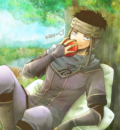 1boy, akagami_no_shirayukihime, apple, black_hair, boots, bridal_gauntlets, cowl_neck_scarf, earflap_hat