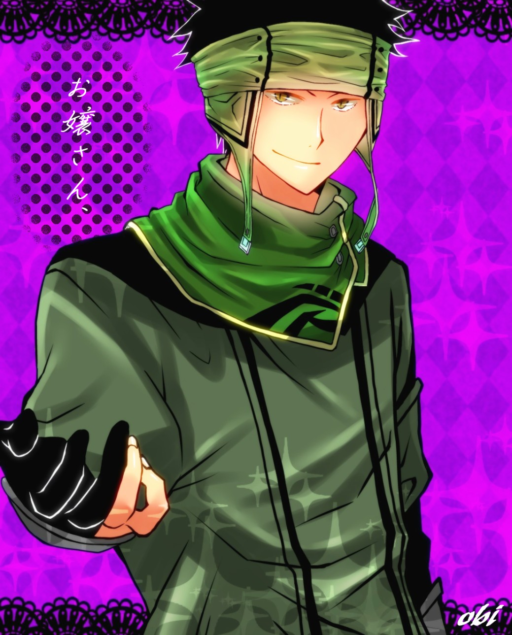 1boy, akagami_no_shirayukihime, black_hair, character_name, cowl_neck_scarf, earflap_hat, hand_extended, head_scarf