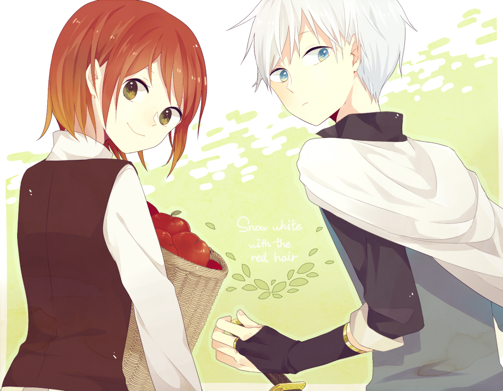 1boy, 1girl, akagami_no_shirayukihime, apple, basket, blue_eyes, bridal_gauntlets, cape